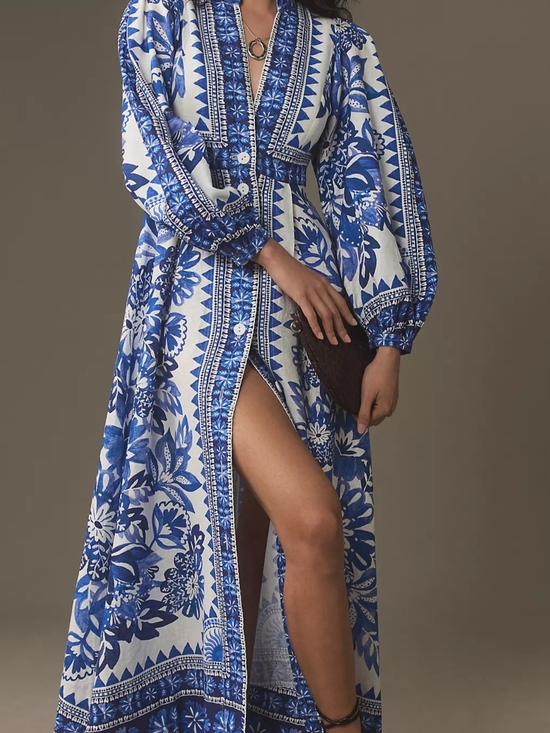 FARM Rio Dresses & Skirts - FARM Rio Blue and White Button-Front Maxi Dress